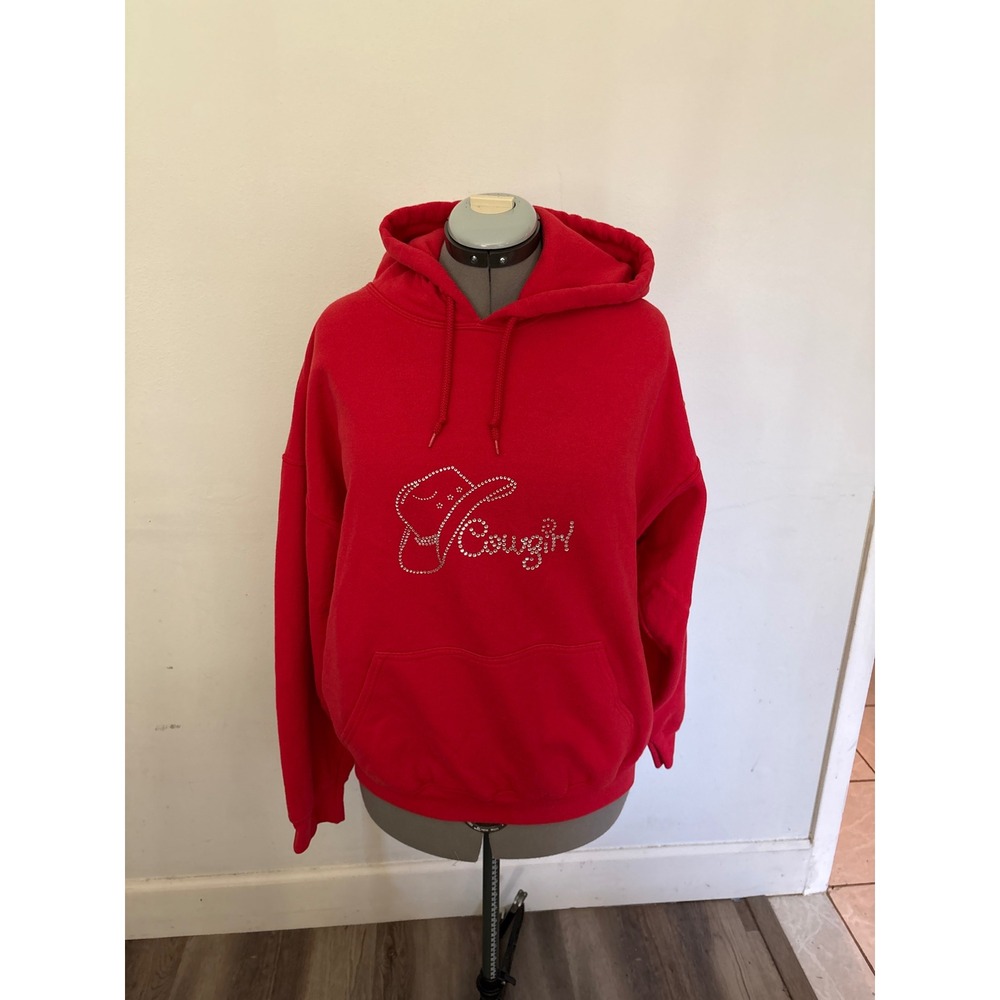 Gildan Hoodie Women XL Red Excellent Rhinestone Cowgirl Hat Western Pullover